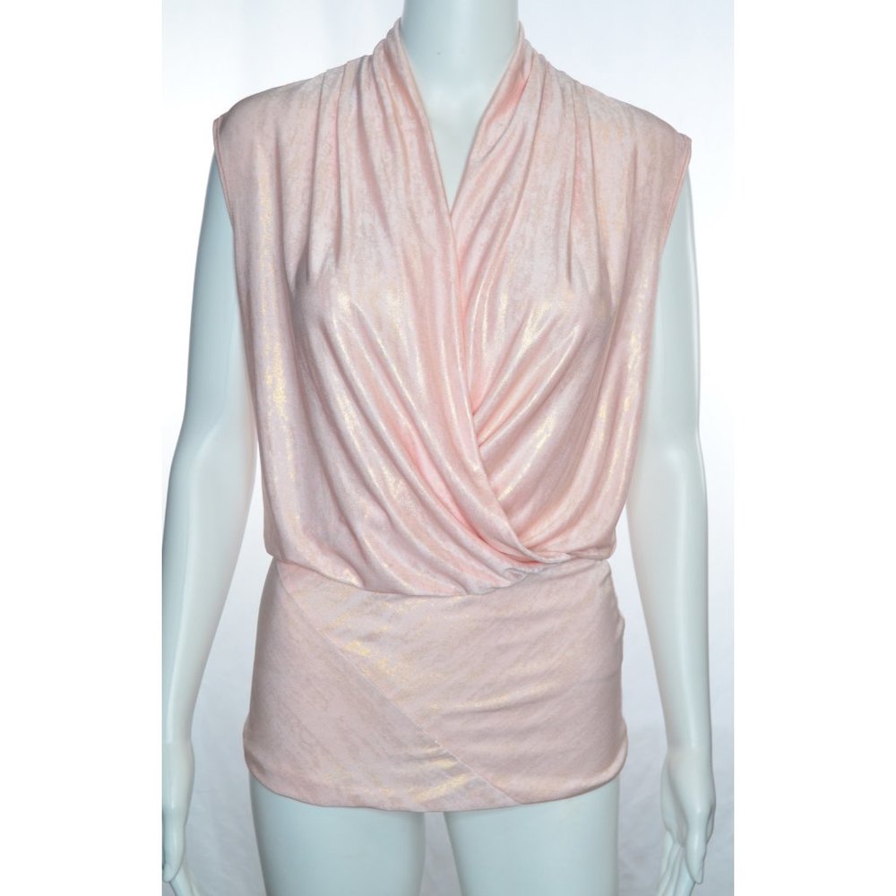 Cache Shimmer Pink/Gold Sleeveless Draped Front Blouse Size S